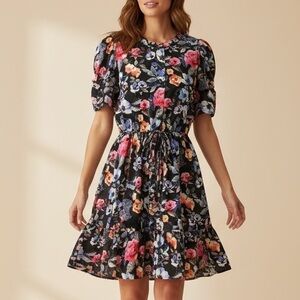 Rebecca Minkoff Floral Mini Dress XS Black Multicolor Boho Tiered Drawstring